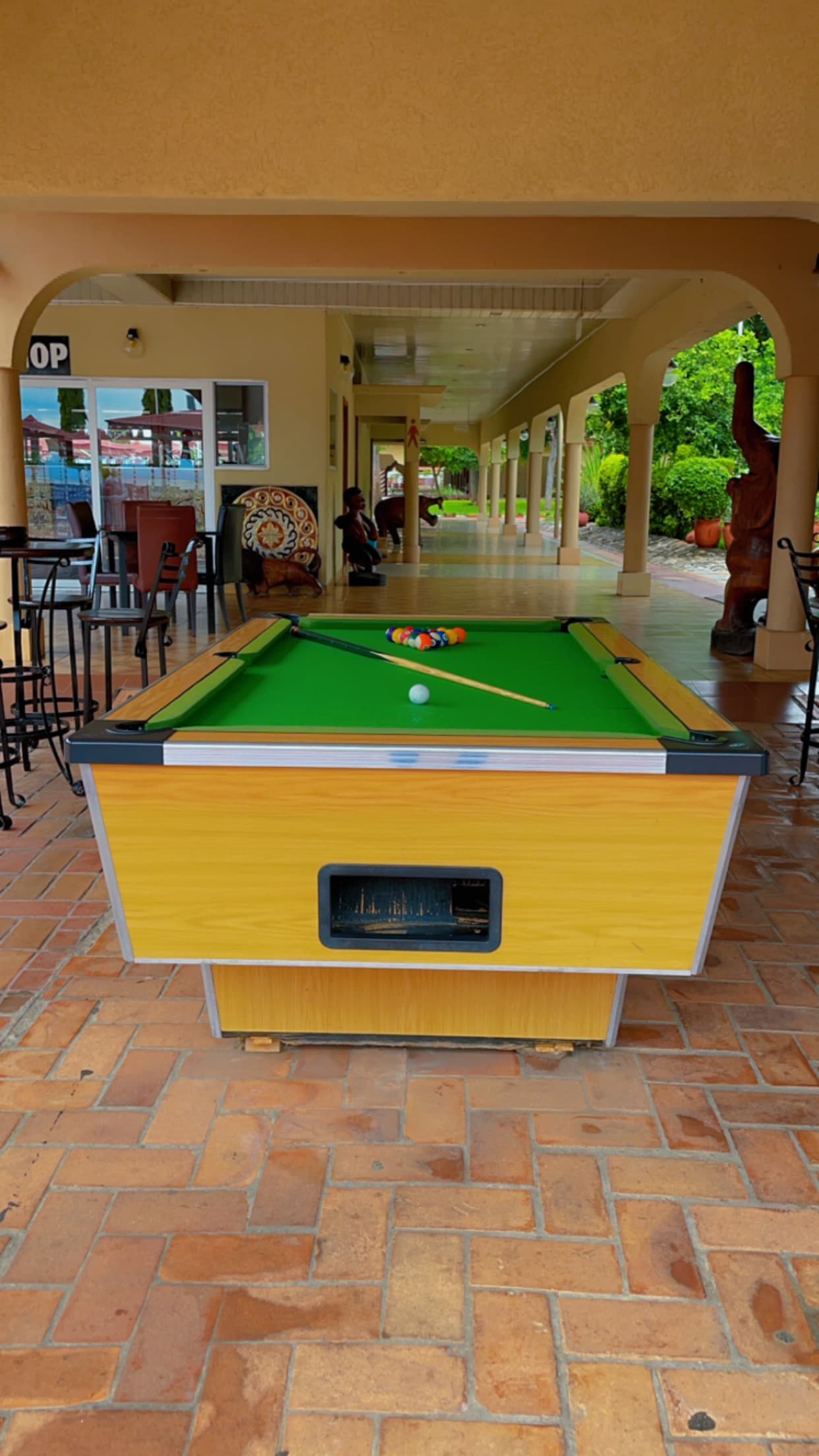 pool table with stick and balls laid out