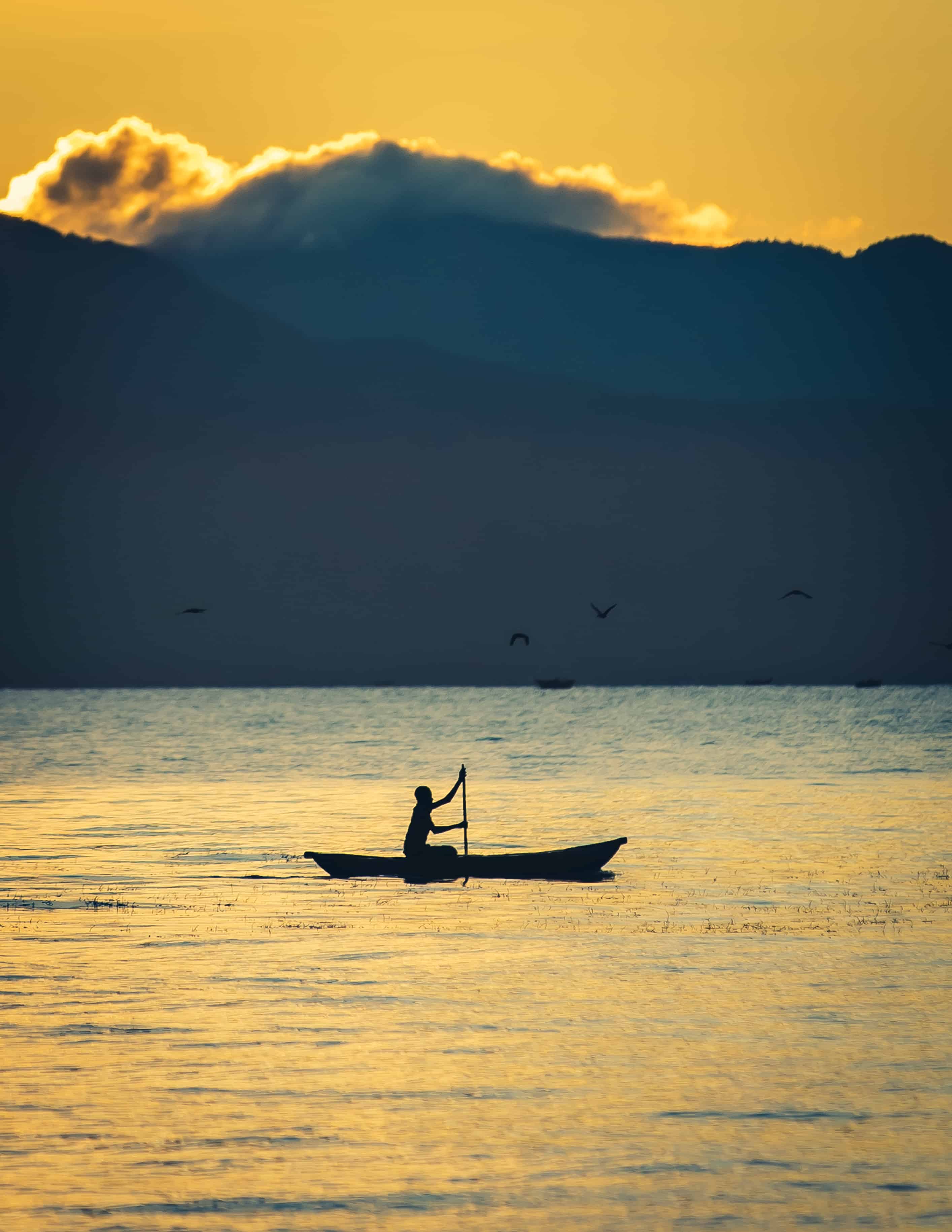Man rowing boat at sunset