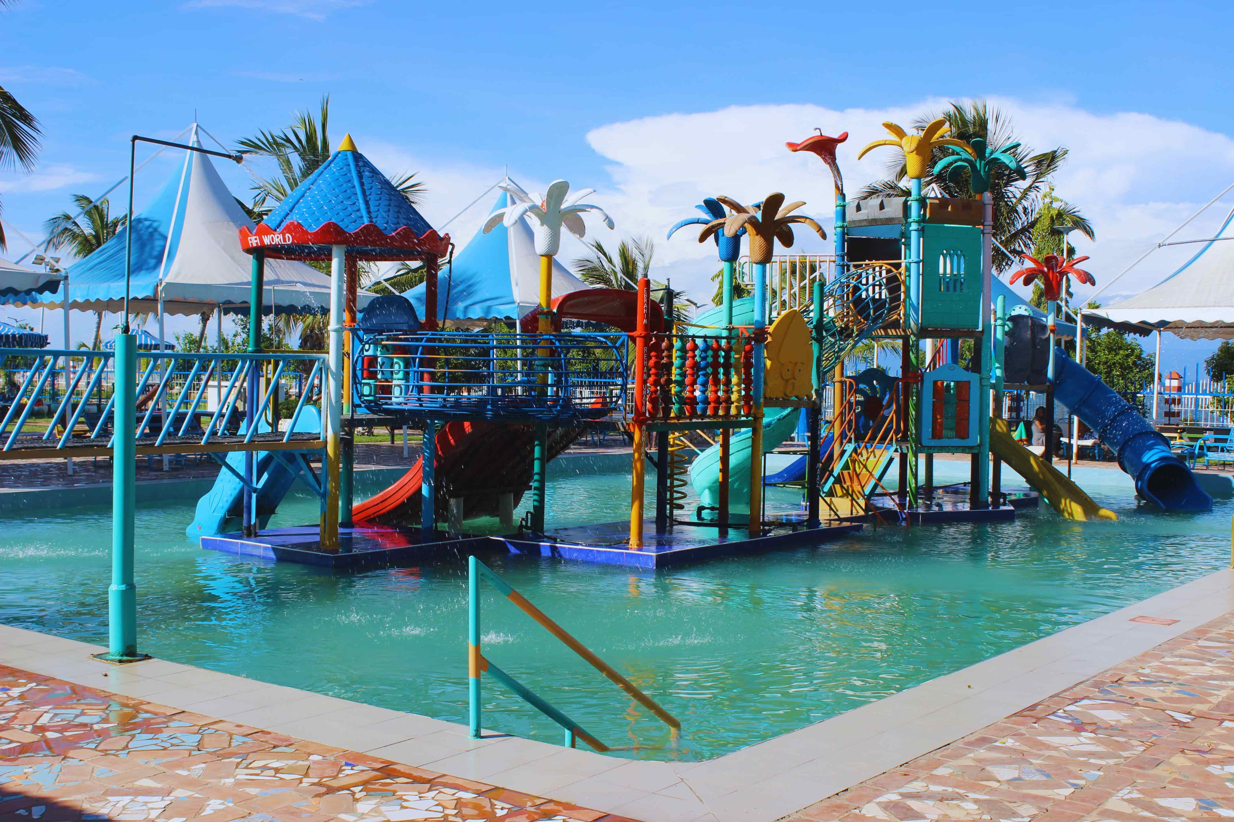 The colourful water playground and slides at Fifi Water World